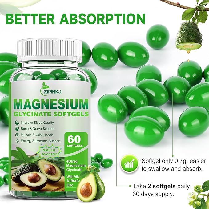 Magnesium Glycinate 400mg, High Absorption Magnesium Supplements Softgels with Vitamin E, B6, Zinc for Sleep, Calm, Muscle Relaxation & Bone Health, Gluten-Free, Non-GMO, 60 softgels