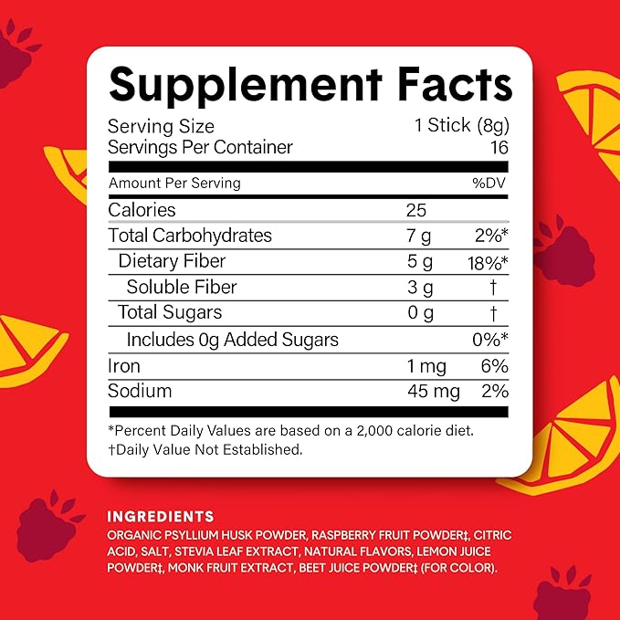 Bellway Super Fiber Packets + Fruit, Sugar Free Organic Psyllium Husk Powder Fiber Supplement to Go for Regularity, Bloating Relief & Gut Health, Non-GMO, Plant-Based, Raspberry Lemon (16 Packets)
