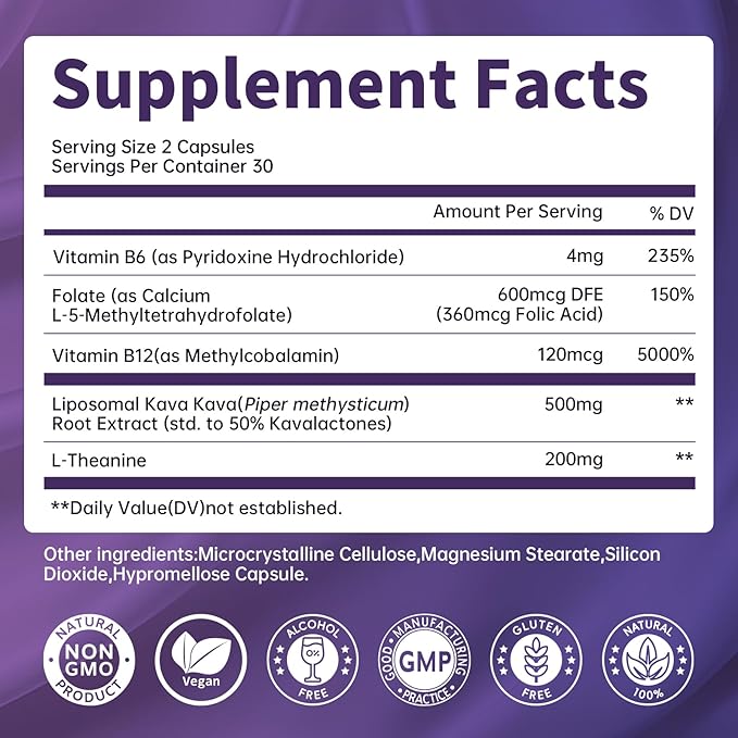 Kava Kava Root Extract Supplement - Liposomal Kava Capsules with L Theanine 200mg, 50% Kavalactones, Relax Calming Kava Extract, Vitamin B6, B12 - for Sleep, Mood, Cognitive & Immune Support, 60CT