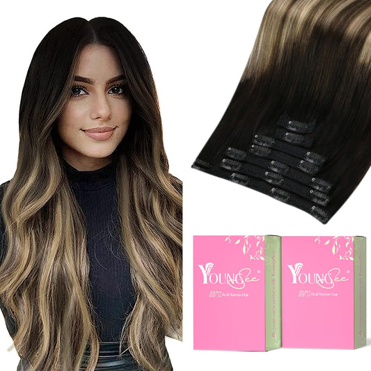 Youngsee 24Inch Clip In Human Hair Extension Ombre Human Hair Clip In Extensions Black To Blonde With Brown Balayage Straight Cl