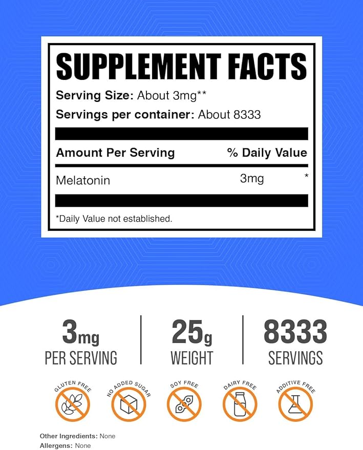 BulkSupplements.com Melatonin Powder - Sleep Supplement, Melatonin for Adults, Melatonin 3 mg - Vegan Melatonin, Pure & Gluten Free, 3mg per Serving, 25g (0.88 oz) (Pack of 1)