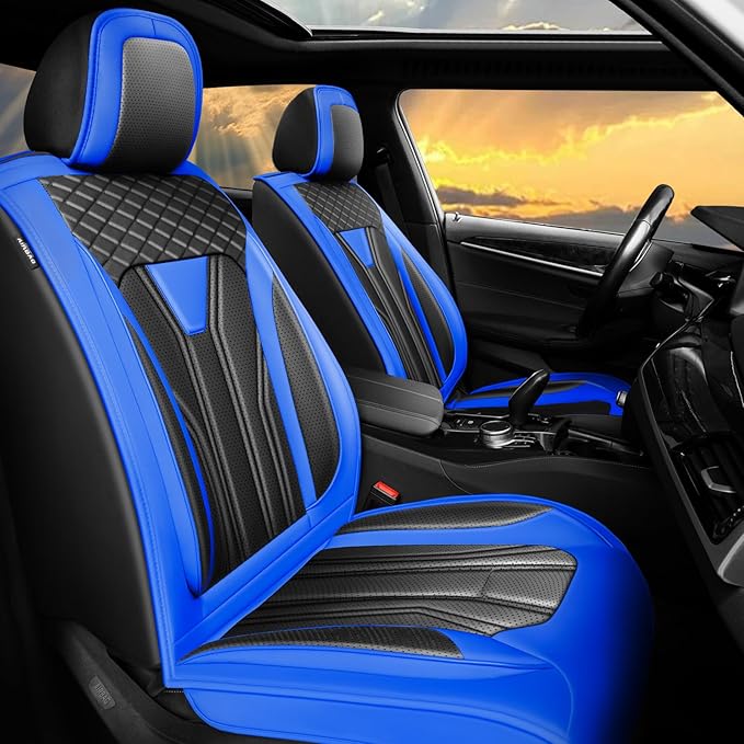 Fit Rogue Car Seat Covers Compatible with Nissan Rogue 2011-2025 2026 - Full Set Premium Leather， Waterproof Breathable， All-Weather Seat Cushion Protecto&Airbag Compatible （Blue & Black