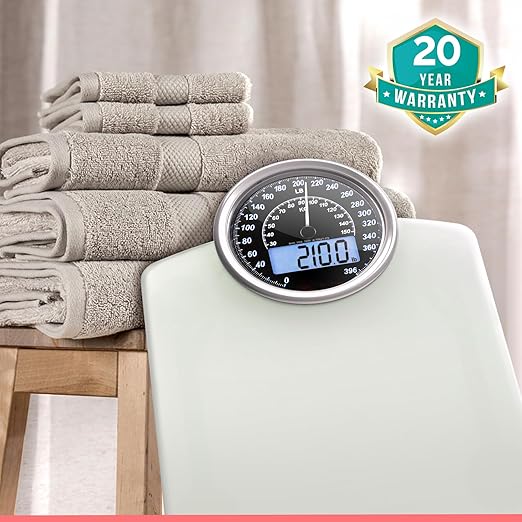 Adamson Hybrid 2-in-1 Analog & Digital Weighing Scale for Body Weight up to 400lbs + Thick Tempered Glass + Extra Large Display + Easy to Read Digital Bathroom Scale + New - White