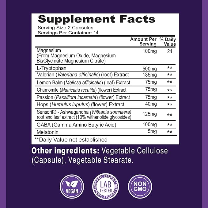 Natural Sleep Aid | Non-Habit Forming | Herbal Sleep Supplement for Better Sleep with Valerian, Melatonin, Magnesium, and Ashwagandha | Sleeping Pills for Adults (28 Vegan Capsules)