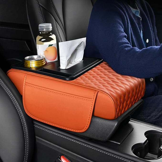 5-in-1 Car Armrest Pad Cushion, Water Ripple Embossed Center Console Booster Pad with Tissue Box, Cup Holder, Storage Bag, Phone Slot, Fit for Most Sedan Vehicles (Water Ripple Series, Pink)