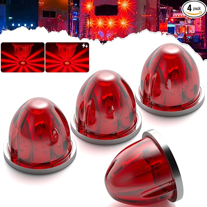 BJZ 4Pcs Red Watermelon LED Strobe+Constant Marker Lights Dual Function Watermelon-Shaped Side Marker Clearance Tail Top Cap Roof Lights for Trailer Truck Semi-Trailer Heavy-Duty Truck Bus Van