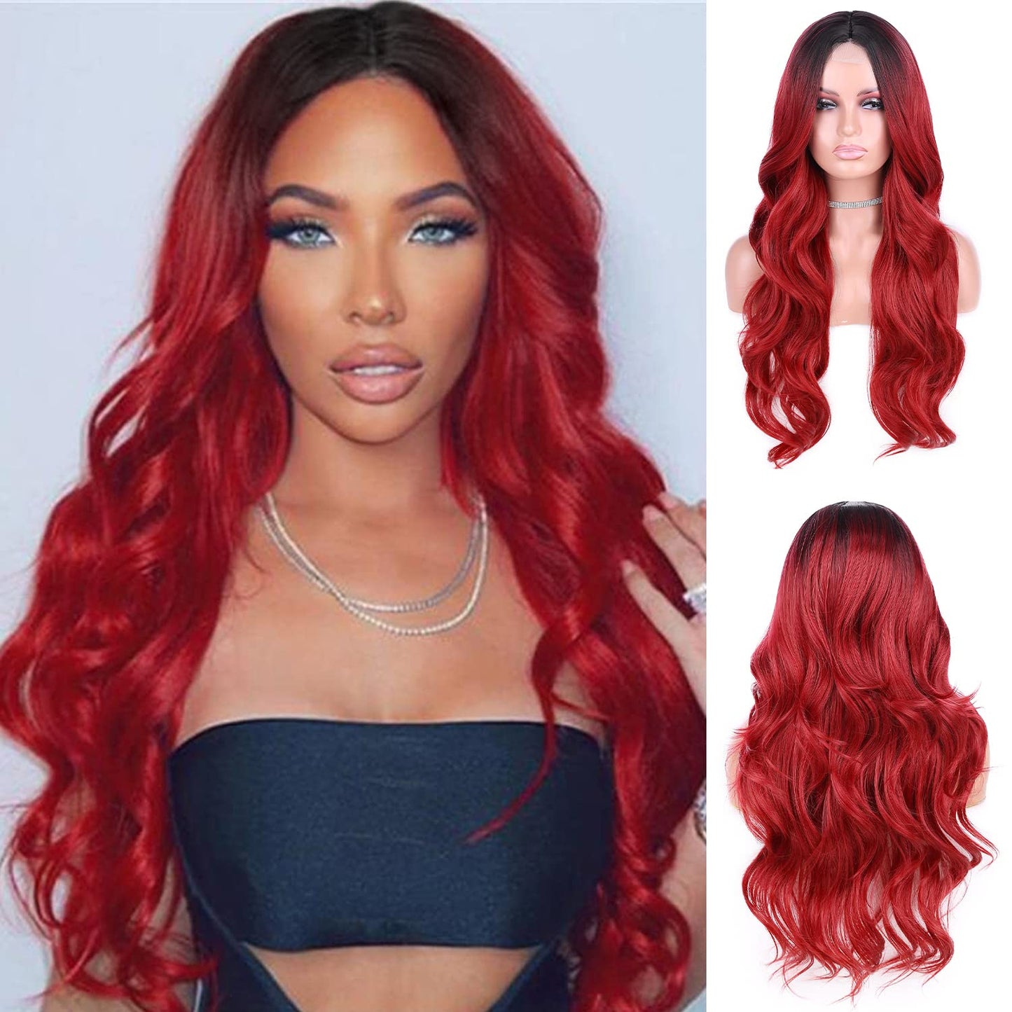 Fave Ombre Red Wigs For Women Ombre Red Wig Long Wavy Red Hair Wig Middle Part Heat Resistant Synthetic Wig (Ombre Red,26Inches)