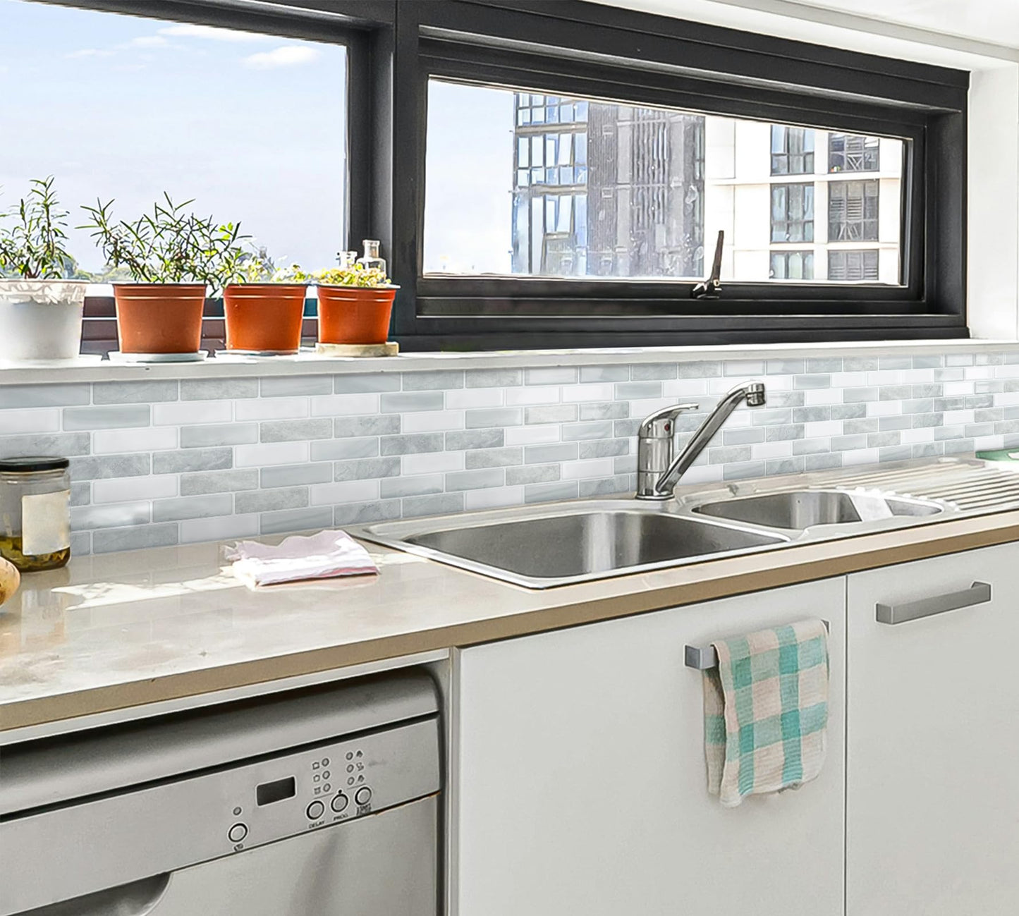 DEWOO Kitchen Backsplash Self Adhesive Wall 3D Marble Tiles Peel and Stick Bathroom, Grey (10-Sheet, 12"×12")
