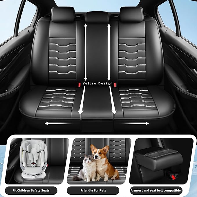 Fit Prius Car Seat Covers for Toyota Prius 2001-2025 2026 -Premium Leather, Waterproof，Breathable，All-Weather Seat Cushion Protecto & Airbag Compatible, 2 Front Seat White Line Black