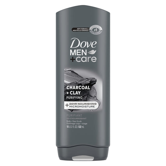 Dove Men + Care Elements Body Wash Charcoal + Clay, Effectively Washes Away Bacteria While Nourishing Your Skin, Gray, 18 Fl Oz