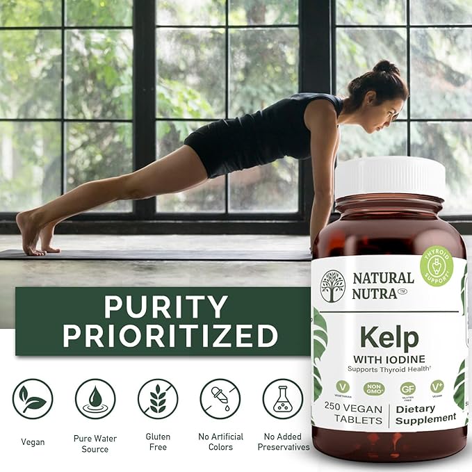 Natural Nutra Kelp Iodine Thyroid Support Supplement, Strengthens Immune System, and Regulates Metabolism, Vegan Sea Kelp, Non GMO, Atlantic Sourced Seaweed Extract, 225 mcg, 250 Tablets (Pack of 2)
