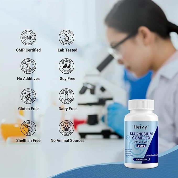 Magnesium Complex with D3 and Zinc - 4-in-1 Magnesium Glycinate, Citrate, Malate & Gluconate - Supplment for Muscle, Heart, Nerve & Bone Support - 120 Capsules