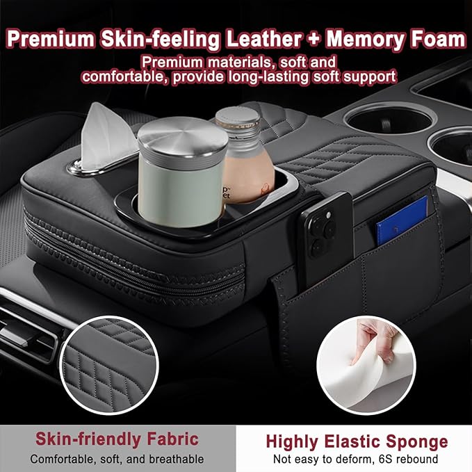 Car Armrest Storage Box for Cadillac SRX 2004–2016 2013 2014 2015, Sport-Style Center Console Organizer with Side Pocket, PU Leather Armrest Cushion, Elbow Support Pad,A Black