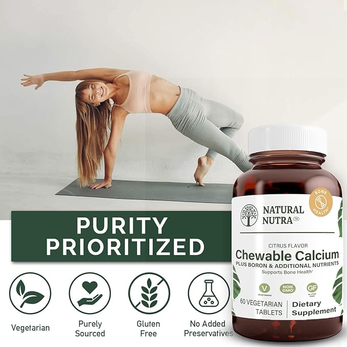 Natural Nutra Chewable Calcium Supplement for Bone Strength, Promotes Muscle Health, Helps Enhance Teeth Health, Support Nerve Health, and Cardiovascular Health, Improve Bone Strength, 60 Tablets