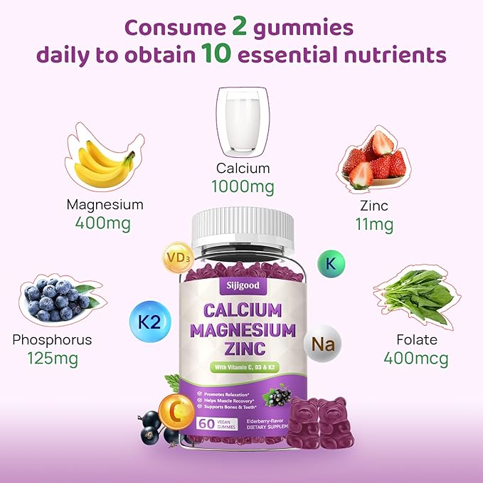 Calcium Magnesium Zinc Gummies with Vitamin C D3 K2, Calcium Gummies for Bone, Muscle, Calm & Zzz Support, High Absorption Formula with Magnesium Zinc Folate Potassium, Elderberry Flavored 60 Counts