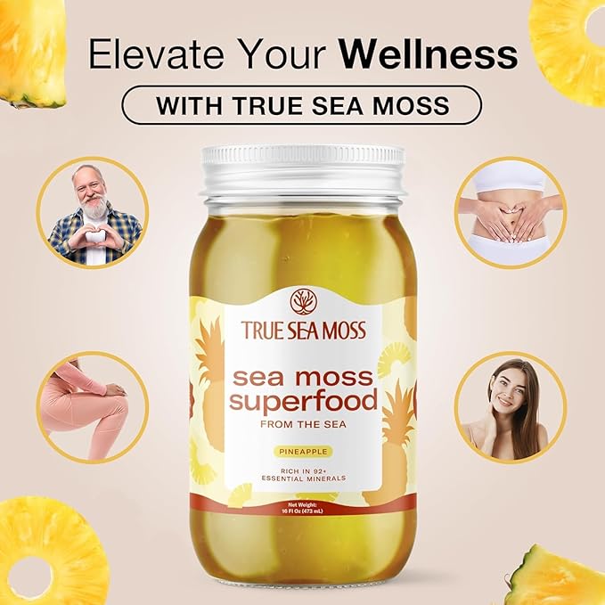 TrueSeaMoss Sea Moss Gel – Made in USA – Wildcrafted Seamoss, Fresh Fruits & Sea Vegetables – Pineapple, Pack of 3 (Labels may Vary)