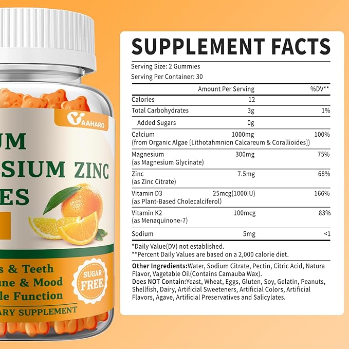 Calcium Magnesium Zinc Gummies with Vitamin D3 & K2 - Sugar Free Calcium Gummies for Women and Men - Bone & Immune Support - Non-GMO, Gluten-Free, Orange Flavored - 60 Gummies