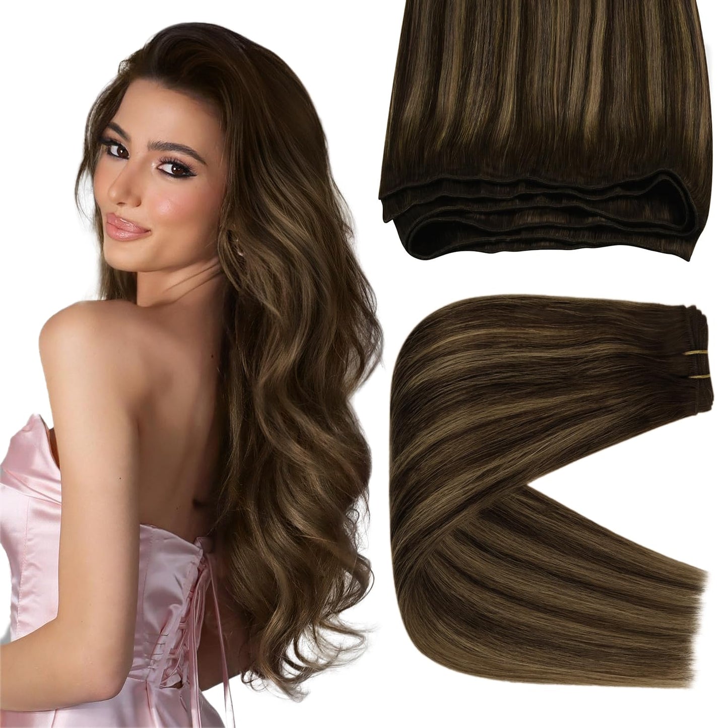 Sunny Human Hair Weft Extensions 12Inch Balayage Weft Hair Extensions Human Hair Sew In Extensions Dark Brown Ombre Caramel Blon