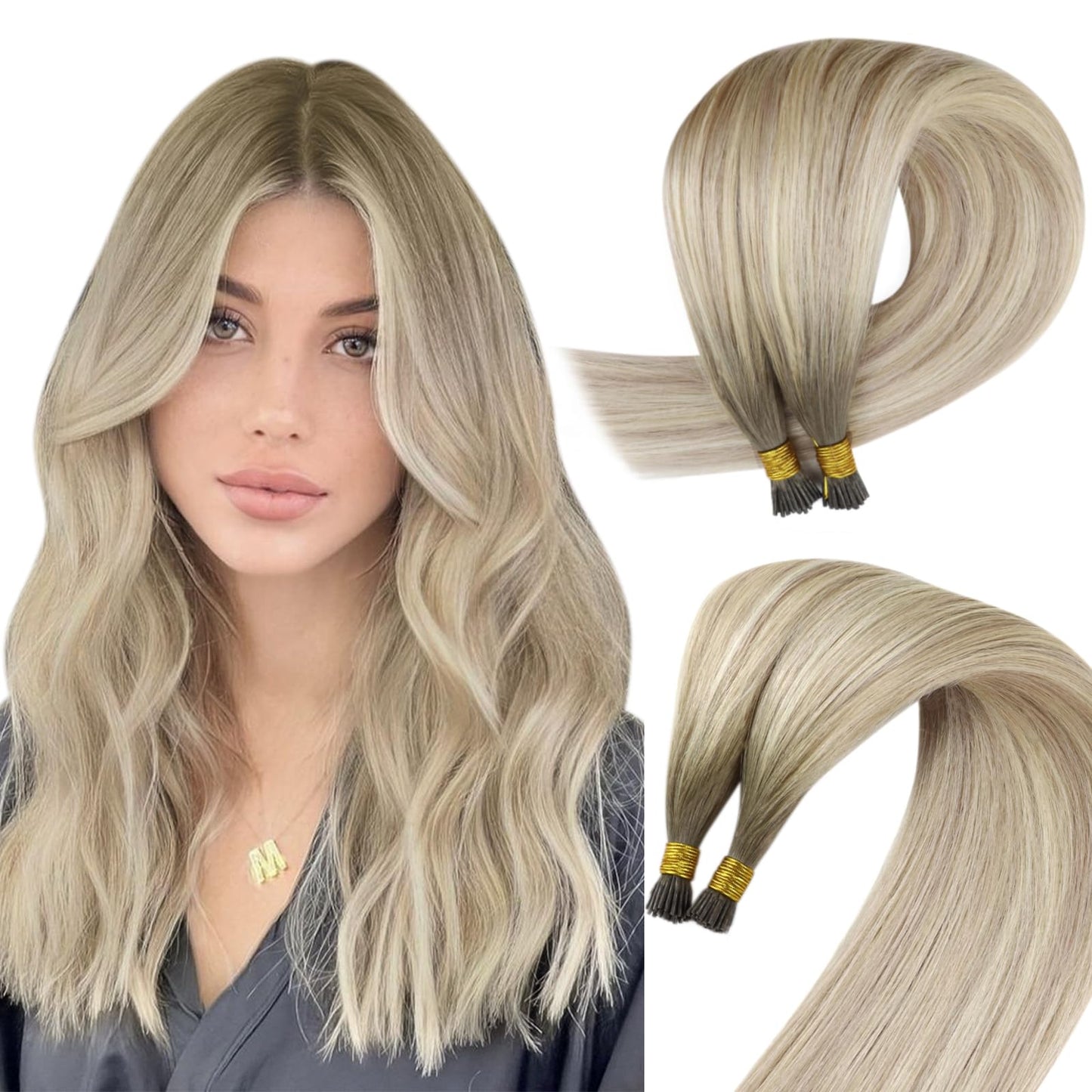 Sunny Ombre Blonde I Tip Hair Extensions Human Hair 22Inch I Tip Hair Extensions Cool Ash Grey Ombre Platinum Blonde Itip Natura