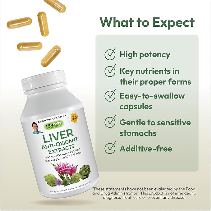 ANDREW LESSMAN Liver Anti-Oxidant Extracts 60 Capsules - Supports The Hard-Working Tissues of The Liver, Promotes Optimum Liver Health and Function. Milk Thistle, Turmeric and Artichoke Extracts