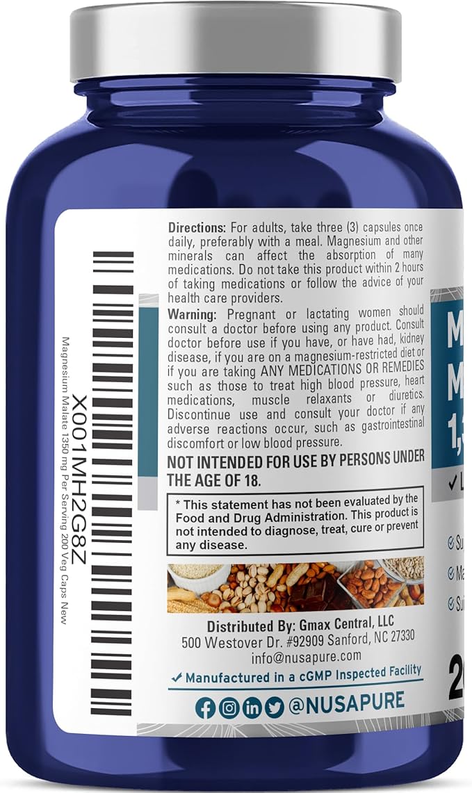 NusaPure Magnesium Malate 1350mg 200 Veggie Capsules (Vegan, Non-GMO, Vegan)