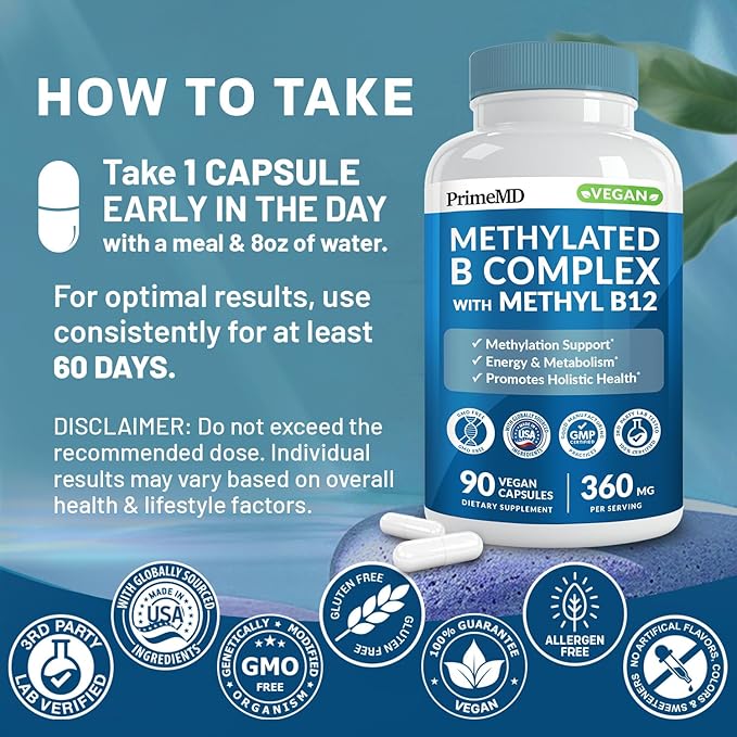 Methylated B Complex with Methylfolate and B12 Methylcobalamin 1000 mcg - Methylated Multivitamin for Energy, Brain Function, and Wellness - Vitamin B Complex for Men & Women (90 Servings) (Pack of 1)