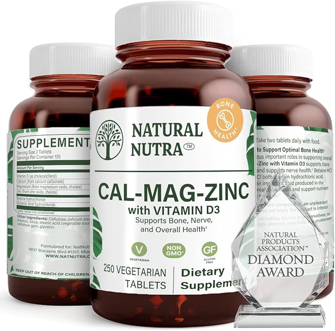 Natural Nutra Calcium Magnesium Zinc Supplement with Vitamin D3 for Bone Strength, Helps Improve Digestion, Gluten Free and Sugar-Free, Essential Mineral Complex, 1000/500/25 mg (250 Count)