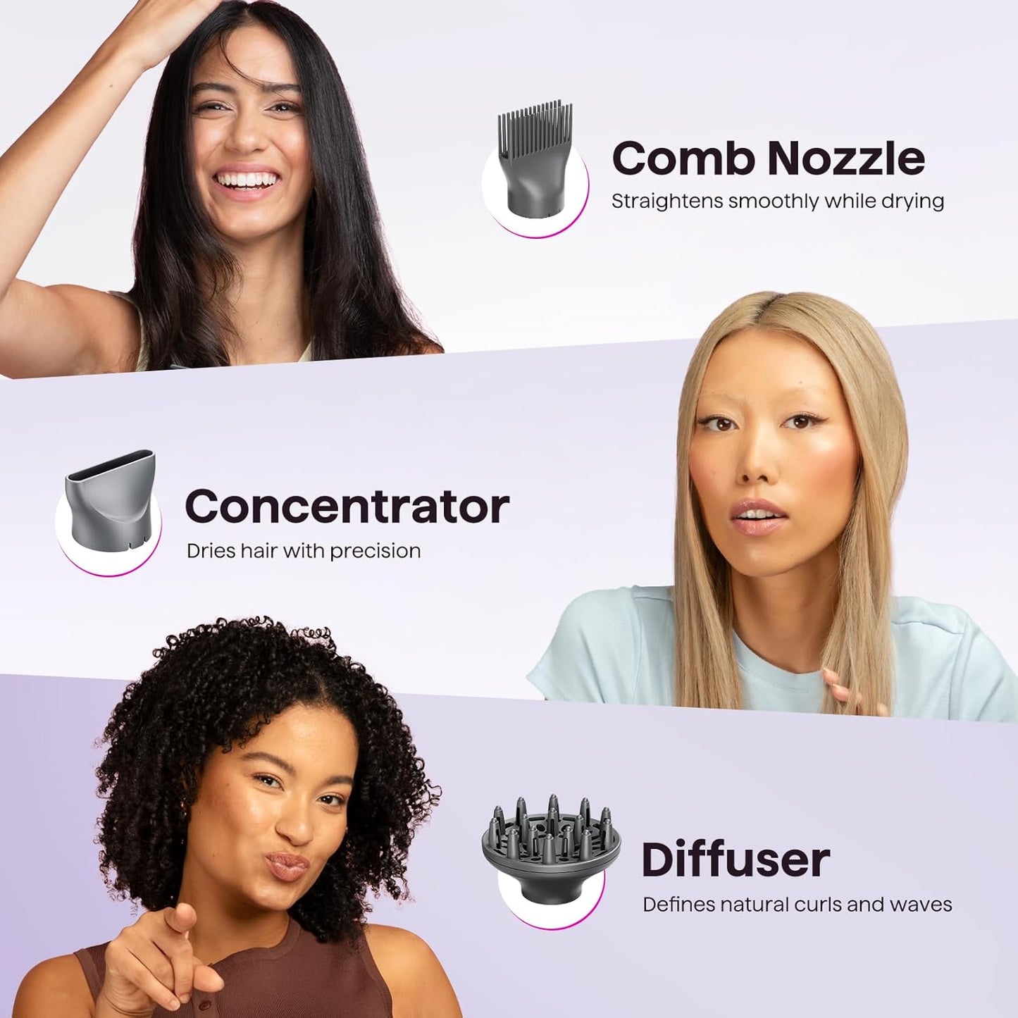 Ionic Hair Dryer for Curly Hair | 1875W Fast Drying | Diffuser & Attachments | Rose Gold