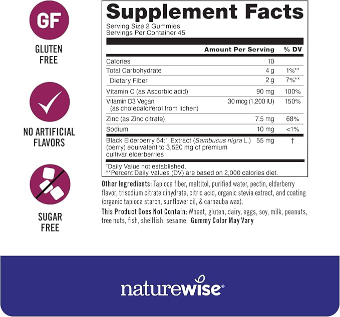 NatureWise Sambucus Elderberry Gummies - Sugar-Free - Daily Immune Support Supplement for Kids and Adults*, with Vitamin C, D3, Zinc - Vegan, Gluten Free, Non-GMO - 90 Count[45-Day Supply]