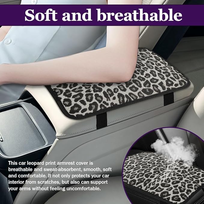 Leopard Cheetah Print African Animal Hunting Auto Center Console Armrest Pad, Car Center Console Cover, Auto Accessories Soft Comfort Armrest Cover Cushion Mat Fit for Most Cars (Black&White)