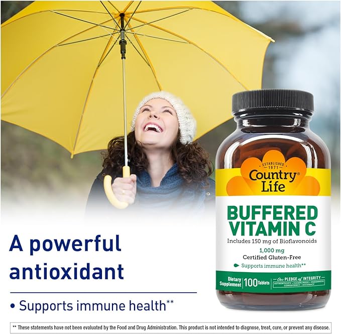 Country Life Buffered Vitamin C 1000mg with Bioflavonoids, Calcium, Magnesium, Potassium - Immune Support, Vegan Capsules, Gluten-Free, Gentle on Stomach - 100 Tablets