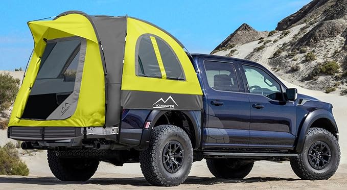 Pickup Truck Tent, Waterproof PU2000mm for Camping 5.5-6.5 Ft Bed, 2-Person Sleeping With Double Layer Design Windows, Expandable Triangle Sunshade Awning