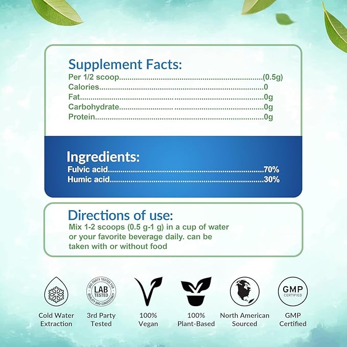 Humic & Fulvic Acid Powder 60g, (120 Servings of 500mg Each) Known to Contain Plant-Based Trace Minerals, Amino Acids & Vitamins, Zero Chemicals, Sugar Free & Gluten Free. Made in Canada