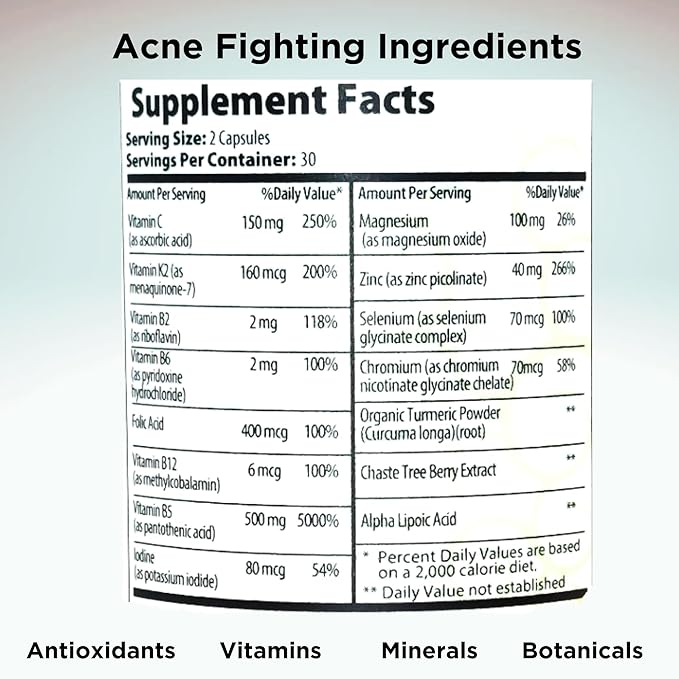 Clear Skin Acne Vitamin System | 20 Antioxidants, Botanicals & Minerals | 60 Count Pack of 2