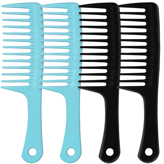 Modengkongjian 4Pcs Wide Tooth Comb, Large Hair Detangling Comb Styling Comb For Curly, Wet, Long Hair (Black & Blue, Polypropyl