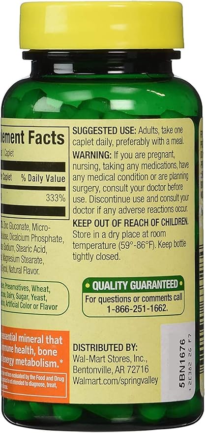 Spring Valley - Zinc 50 mg, 200 Ct 2 Pack Zinc supplement Spring Valley supplement is Suitable for Daily Intake.