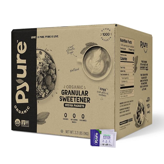 Pyure Organic Stevia Packets | Granulated Sugar Packets - White Sugar Substitute | Zero Carb, Zero Sugar, Zero Calorie Sweetener Packets | Plant-Based Stevia Packets for Keto Coffee | 1000 Count