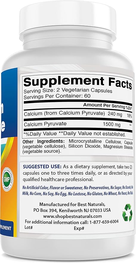 Calcium Pyruvate 750 mg 120 Capsules by Best Naturals (Pack of 2)