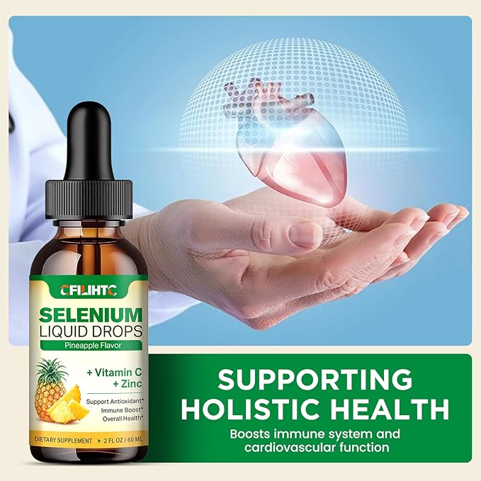 Selenium Liquid Drops, 200mcg Liquid Selenium Supplement with Vitamin C & Zinc, Support for Immune System, Antioxidant & Heart Health, High Absorption, Pineapple Flavor, 2 Fl Oz