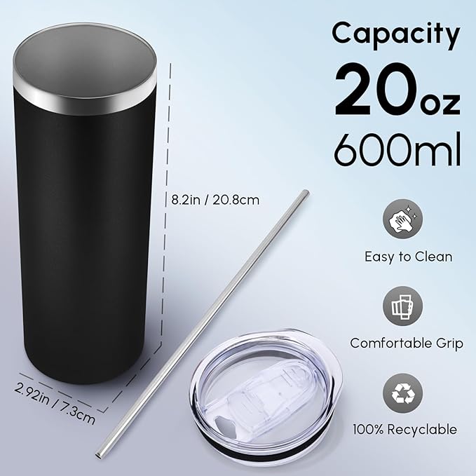 Volhoply 8 Pack Skinny Tumblers with Lid and Straw, 20oz Stainless Steel Straight Tumbler Bulk, Vacuum Insulated Coffee Mug for Home, Office, Travel, DIY (Black,8 Pack)