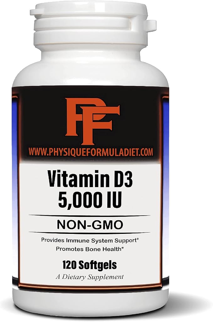 Physique Formula Vitamin D3 5000 IU (125 mcg) in Olive Oil All Natural Non-GMO Vitamin D3 Softgels to Support Muscle, Bone,& Immune System Health