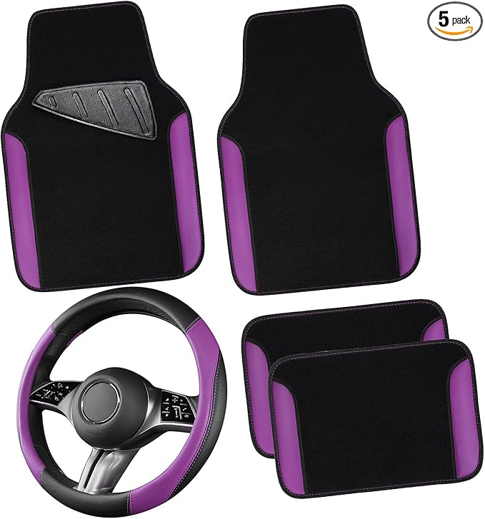 CAR PASS Faux Leather Steering Wheel Cover and Waterproof Car Floor Mats,Universal Car Combo Fit for 95% Sedan,SUV,Cars,14.5-15inch Sporty Anti-Slip Safety Comfortable Design(Black＆Purple)