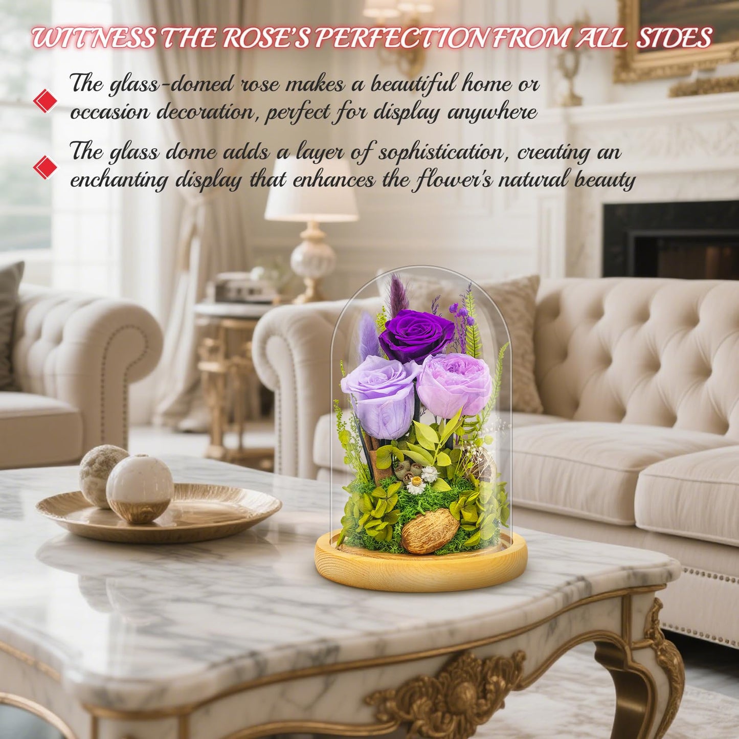 Preserved Flowers Gifts for Women Eternal Rose In Glass Dome Light Up Flower Real Rose Eternal Flowers for Decoration Long Lasting Forever Preserved Glitter Roses Unique Gift on All Occasions(Purple)