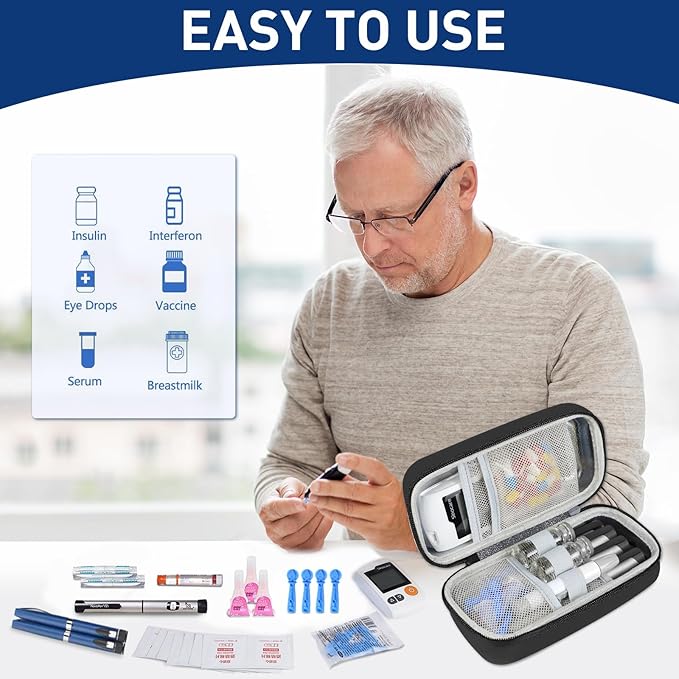 Insulin Cooler Travel Case, Portable EVA Medicine Travel Cooler, Diabetes Case with 2 Reusable Ice Packs TSA Approved for Diabetic Supplies Patent Pending(Black-No Temp)