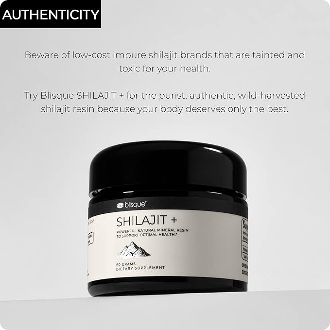 Blisque – Pure Himalayan Organic Shilajit Resin Supplement | Authentic and Natural | Golden Grade A | Contains Fulvic Acid and Trace Minerals | 60 Grams