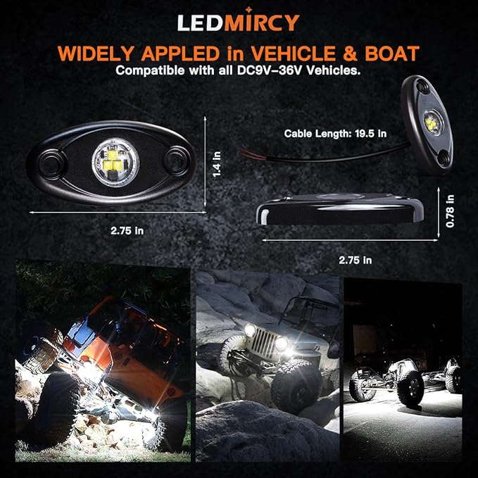 LEDMIRCY LED Rock Lights White 8PCS for Off Road Trucks RZR Boat Car Auto ATV UTV SUV Underglow Trail TRAI Rig Lights Underbody Neon Light High Power Waterproof Shockproof(8PCS-White)