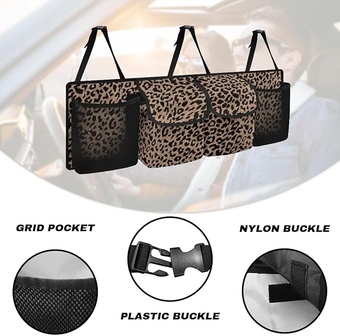 Brown Leopard Print Trunk Organizer Car Women Sturdy Car Organization Waterproof Back of Seat Car Organizer,Easy to Install
