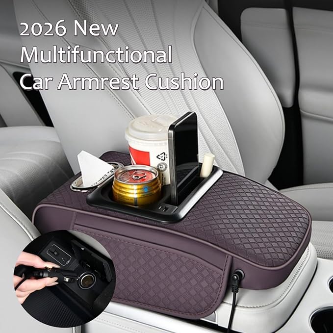 2026 Enhanced Car Center Console Armrest Cushion with USB& Type-C Charging, PU Leather Console Pad with Cup Holders, Storage& Tissue Outlet for Most Vehicles (Sloped Version, Black-Red line)