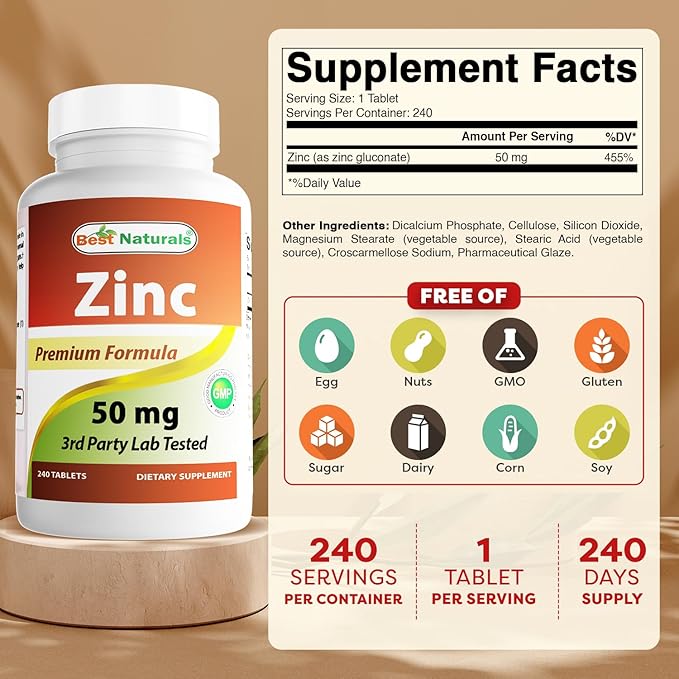Best Naturals Zinc Supplement as Zinc Gluconate 50mg 240 Tablets Pack of 2