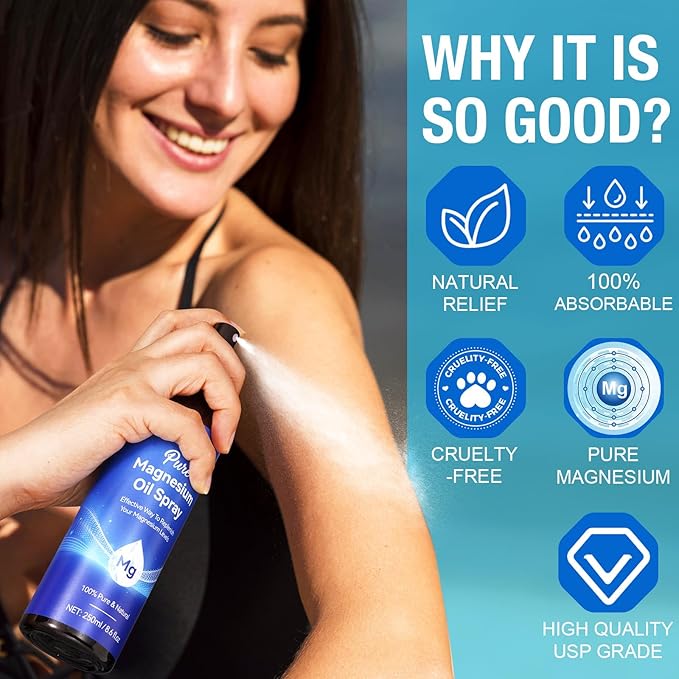 Magnesium Oil Spray 8.6Fl Oz, Pure Magnesium Spray for Feet, Body and Skin, Topical Mg Oil, Easy to Absorb